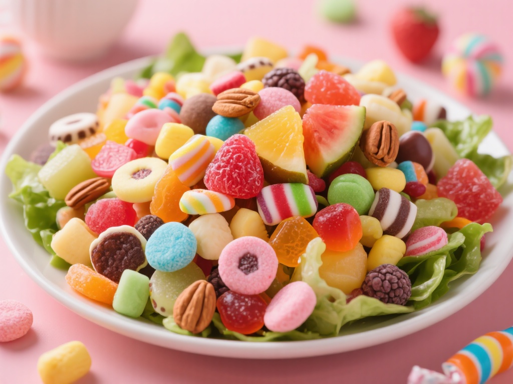 糖果沙拉是一种将各种不同种类的糖果混合在一起，搭配