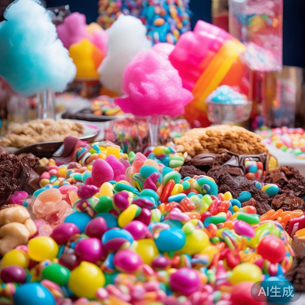 在一个精彩的糖果派对上，各种色彩斑斓的糖果是必不可
